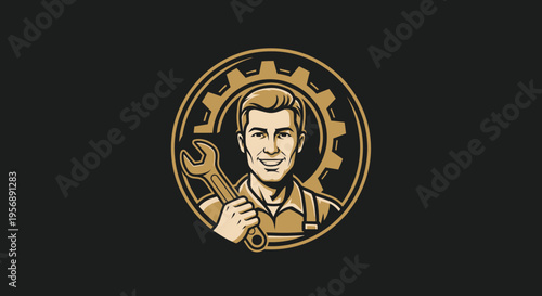Vintage Mechanic Logo with Wrench and Gear Symbol.