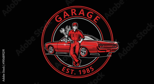 Vintage Garage Mechanic with Classic Red Muscle Car Emblem.