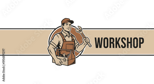 Vintage Mechanic Holding Wrench and Toolbox Ready for Work.