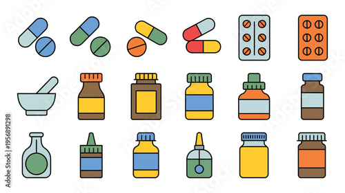 Pharmacy Icon Set, flat style vector illustration of medical pills, bottles, capsules, tablets, blister packs, representing drugstore, prescription, healthcare, and pharmaceutical concept.