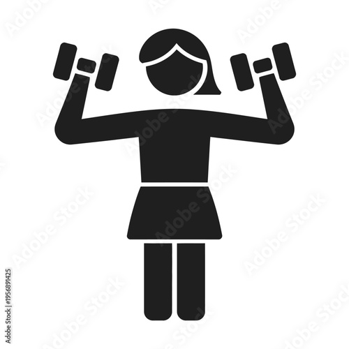 A black silhouette icon of a woman performing an overhead shoulder press exercise with dumbbells isolated on white background, Vector, illustration