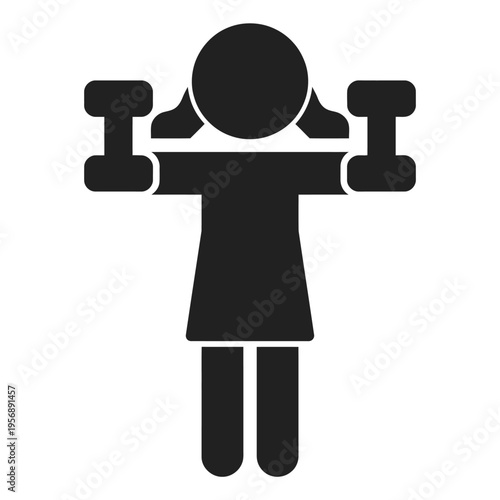 A black silhouette icon of a girl exercising with dumbbells held out to the sides of her body isolated on white background, Vector, illustration
