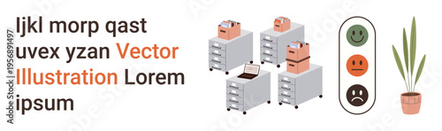 Efficiency, organization, remote work, office feedback, business management, productivity. Filing cabinets, boxes laptop feedback icons and a potted plant. Organization and remote work