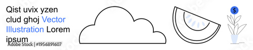 Nature, business, sustainability, minimalism, environmental awareness, graphic design. A cloud, sliced watermelon and potted plant with a dollar sign in minimal black line art. Nature and business