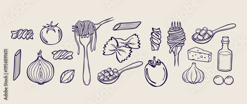 Italian pasta cuisine, delicious noodle doodles, restaurant menu illustration, mediterranean food sketches, culinary dining icons, fresh pasta dinner, kitchen cooking doodles.
