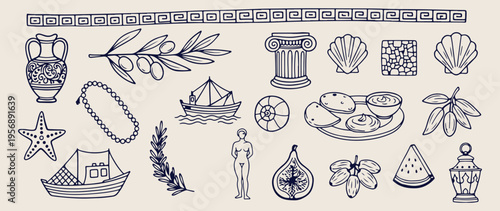 Ancient Greece history, greek column icons, olympic history doodles, mediterranean culture illustration, archaeology travel icons, greek mythology symbols, historic monument sketches.
