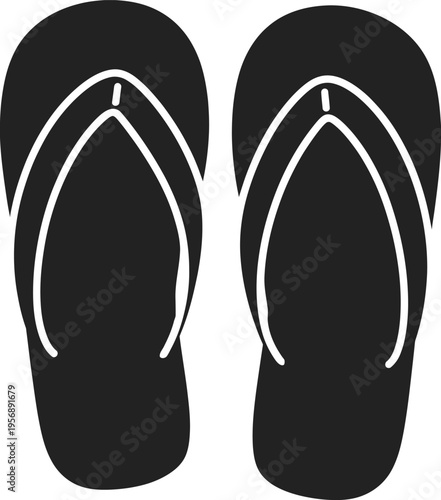 A pair of simple black flip flop sandals with white outline details for casual summer footwear use isolated on white background, Vector, illustration