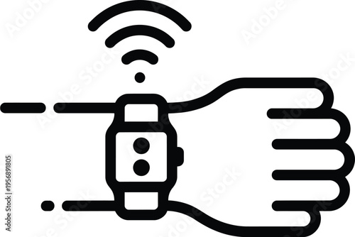 A minimalist black line icon depicting a smartwatch worn on a human wrist with wireless signal isolated on white background, Vector, illustration