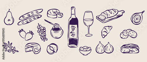 Wine cheese collection, mediterranean snack doodles, restaurant menu illustration, delicious food sketches, culinary dining icons, wine tasting celebration, appetizers and drinks.
