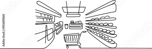 Grocery store shop interior. one line art icon drawing vector