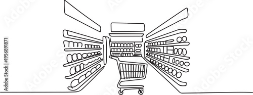 Grocery store shop interior. one line art icon drawing vector