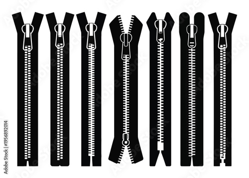 Seven Black Zippers Vector Illustration
