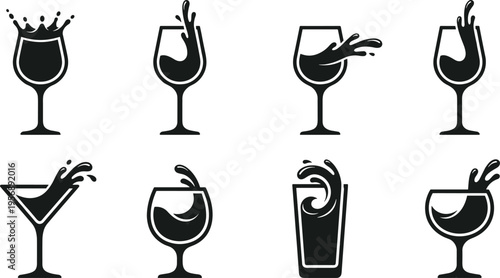 Set of cocktail glass icons with splash effects, beverage silhouettes collection, drink symbols for bar menu design, black and white vector illustration