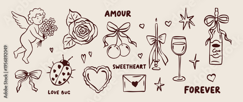 Amour sweetheart romance, romantic valentine doodles, heart shape collection, romantic rose sketches, love letter illustration, wedding anniversary icons, romantic candle doodles.
