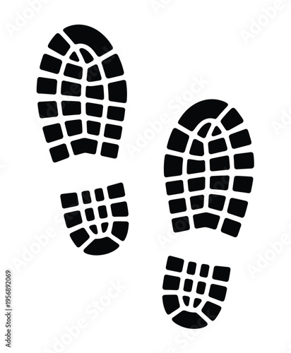 Black silhouette representation of two detailed shoe tread patterns forming a walking footstep isolated on white background, Vector, illustration