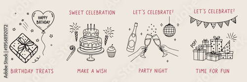 Birthday party celebration, make a wish, festive event doodles, party night sketches, happy day celebration, holiday party illustration, event planning icons.
