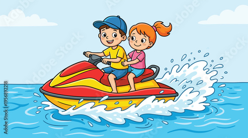 Happy children riding colorful jet ski on ocean waves, summer adventure illustration, playful kids enjoying water sport, bright cartoon seaside scene