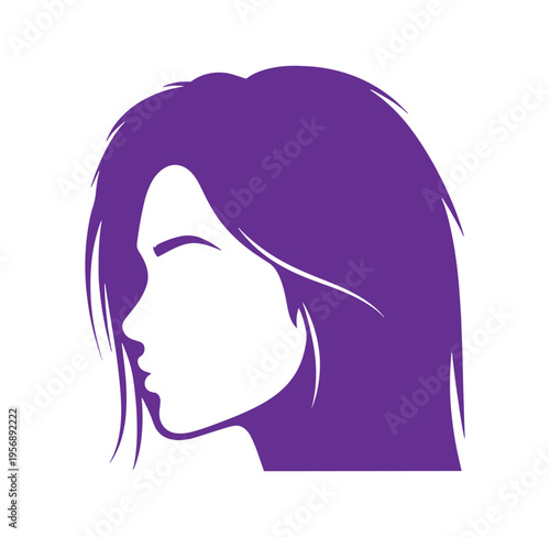 Purple silhouette of a womans face in profile with long hair