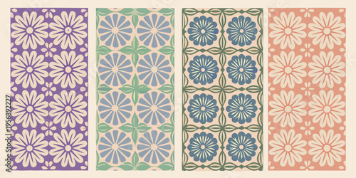 Four vertically oriented panels with repeating floral and geometric patterns