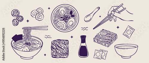 Japanese food illustrations, ramen bowl sketch, sushi and maki drawings, noodle soup art, oriental cuisine elements, traditional Japanese dishes, food icons.
