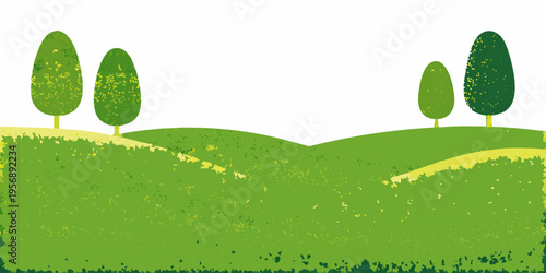 Simple illustration of rolling green hills with stylized trees