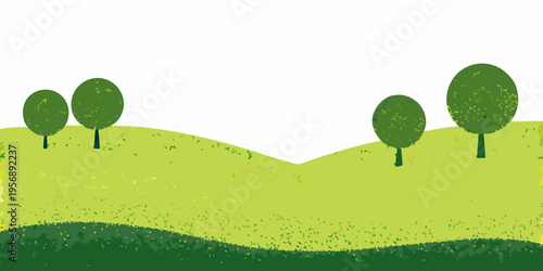 Simple green landscape illustration featuring rolling hills and rounded trees