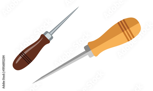Two sharp pointed tools with wooden handles, an awl and a scribe, isolated on white background, graphic illustration