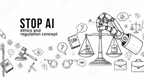 Robot hand holding scale with ethics and regulation concept icons around symbolizing ai accountability and law