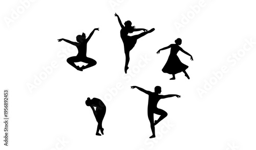 Circular dance silhouette vector of five human figures in dynamic poses for modern artistic illustration