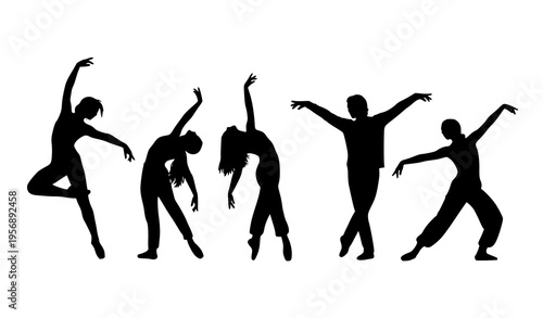 Dance silhouette vector with five human figures in dynamic expressive movement for artistic performance