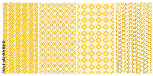 Four vertically arranged panels displaying repeating yellow patterns