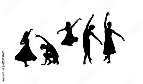 Minimalist dance silhouette vector set of five dynamic human figures expressing rhythm and energy