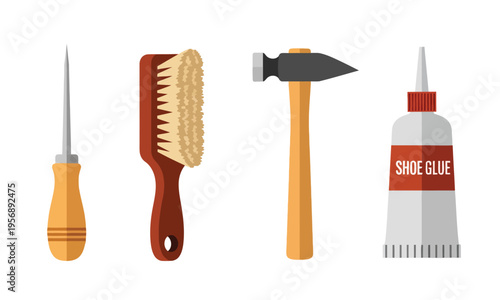 A curated collection of essential tools for footwear and leather crafting, featuring an awl, a stiff brush, a sturdy hammer, and specialized adhesive, ideal for repair and creative projects