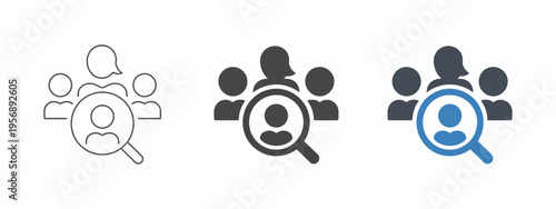 People Search Icon, user profile with magnifying glass vector, representing candidate search, employee selection, HR processes, hiring, and team management concept, clean modern design.