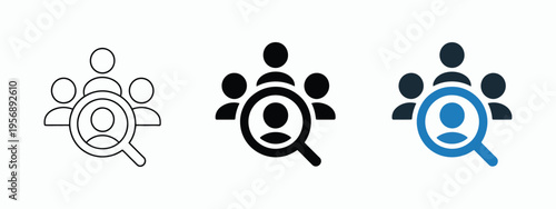 People Search Icon, user profile with magnifying glass vector, representing candidate search, employee selection, HR processes, hiring, and team management concept, clean modern design.
