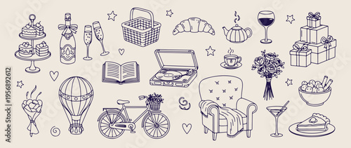 Picnic basket coffee, outdoor breakfast snacks, summer park doodles, healthy meal sketches, relaxation lifestyle icons, cafe food illustration, morning tea rituals.
