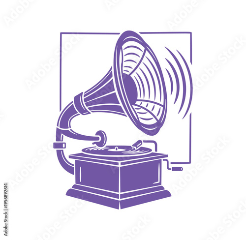 Vintage gramophone with horn speaker and square frame isolated on transparent background