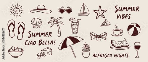 Summer umbrella beach, tropical holiday icons, seaside vacation sketches, sunny island life, ocean travel doodles, beach resort illustration, summer leisure symbols.
