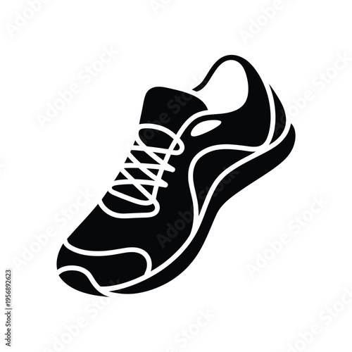 A detailed black silhouette graphic of a modern athletic running shoe for sport and fitness use isolated on white background, Vector, illustration