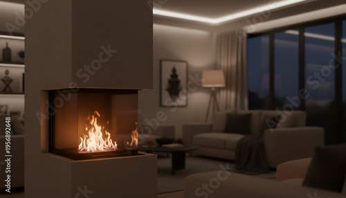 blurred fireplace, cozy living, warm ambiance, modern hearth, evening light, comfort home, hygge, relaxation, winter decor, tranquil