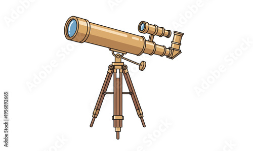 Vintage brass telescope on a wooden tripod, an iconic instrument for astronomical observation and exploration