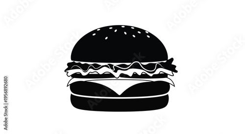 A simple black and white illustration of a classic cheeseburger