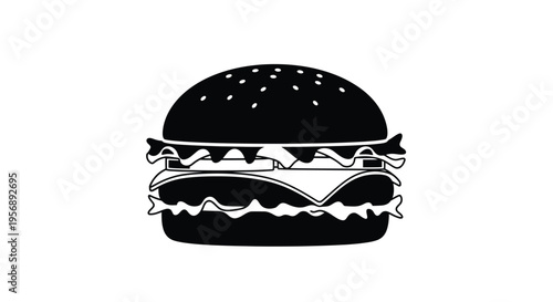 Simple black and white illustration of a classic cheeseburger with layers