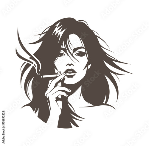 woman smoking cigarette with long hair blowing in the wind isolated on white background