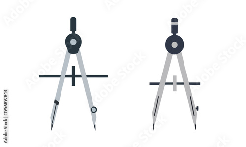 Two geometric compasses shown side-by-side against a white background, representing tools for drawing circles and arcs in mathematics and drafting