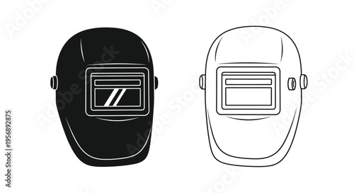 Two welding masks depicted in black and white showcasing different styles
