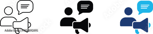 Public announcement icon showing user feedback megaphone and marketing speech bubble. Professional illustration for customer support communication, and digital marketing broadcasting.