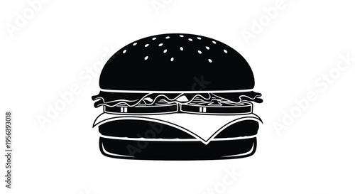 Simple black and white illustration of a classic cheeseburger with layers