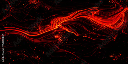 Glowing abstract red background featuring futuristic motion lines with a fiery fractal pattern and orange energy waves on a dark backdrop