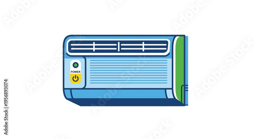 Illustration of a modern window air conditioning unit with a blue frame
